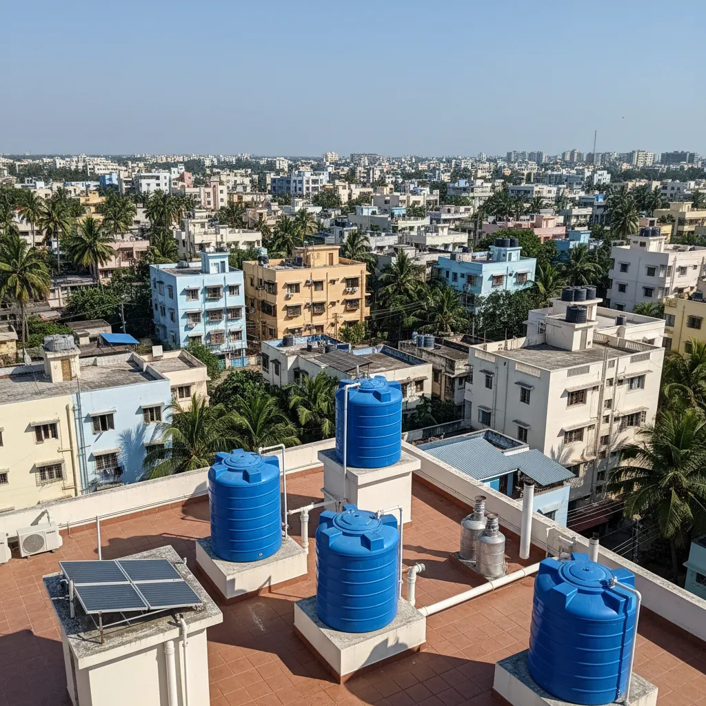 Rooftop water storage tanks on residential building in Chennai suburb