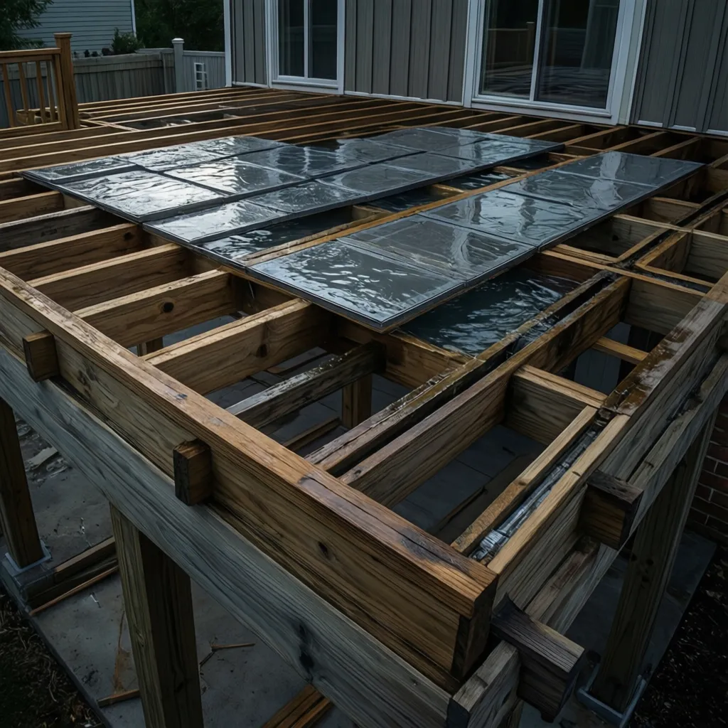 cutaway showing water trapped above under deck drainage panels against wooden joists