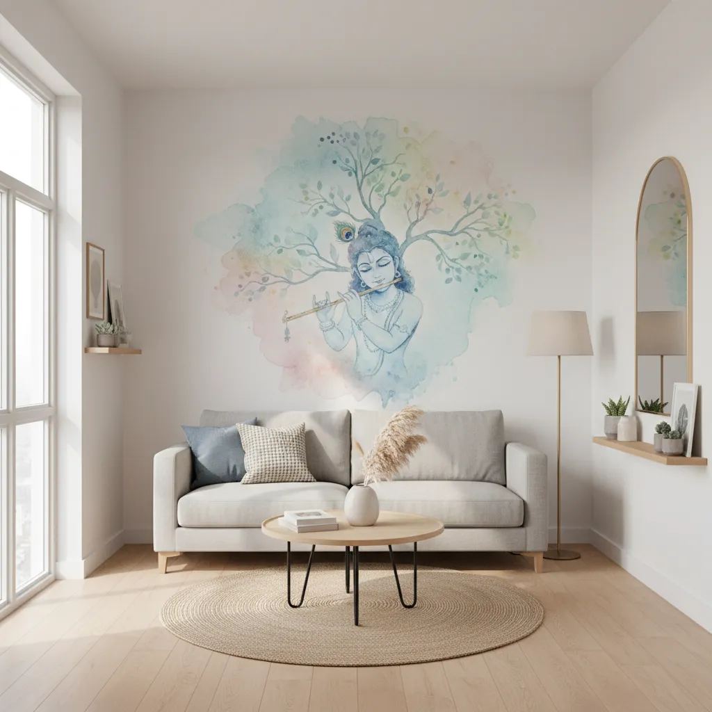 Soft watercolor Krishna wall mural in a small apartment living room