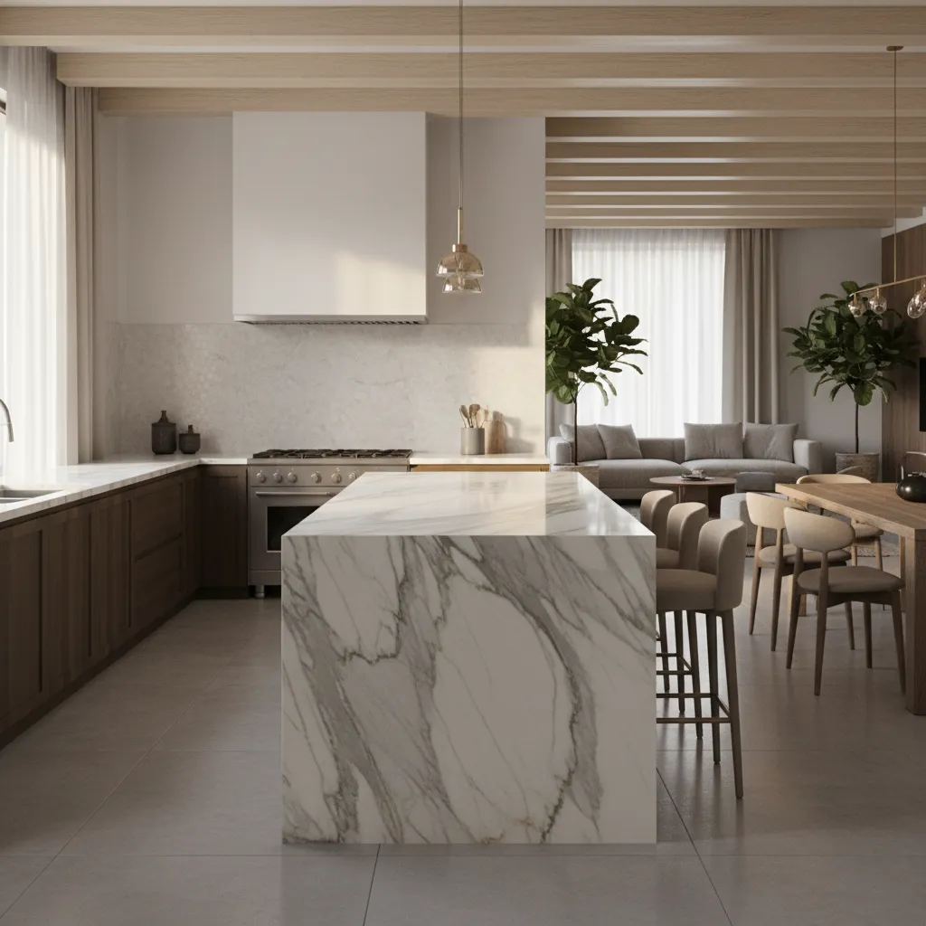 Kitchen island with dramatic stone waterfall fascia edge