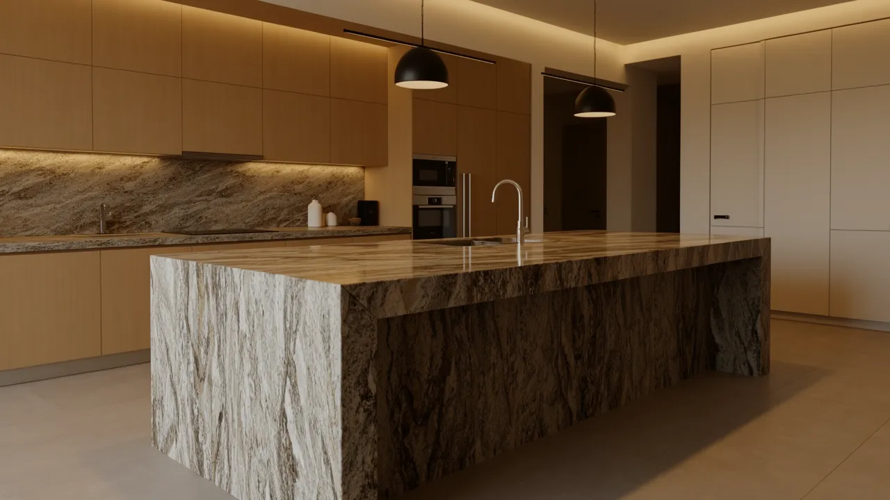 modern kitchen island with waterfall granite slab edges