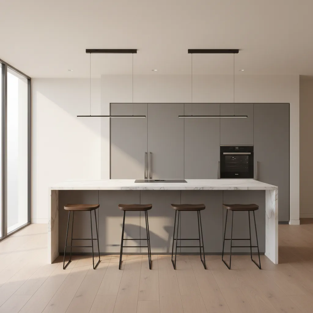 waterfall kitchen island with four modern stools and minimalist design