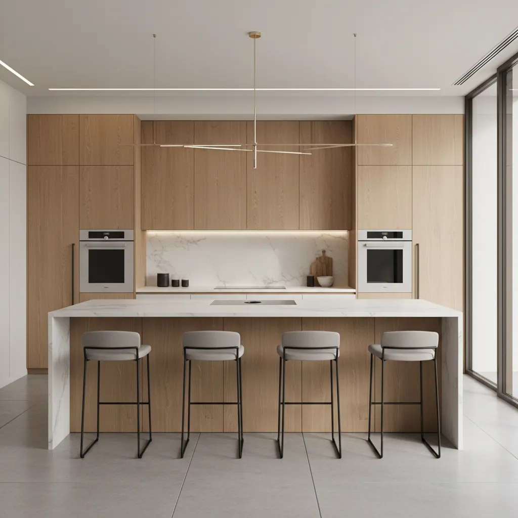 modern waterfall edge kitchen island with four stools