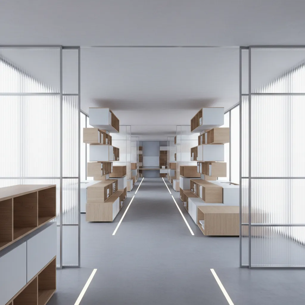Bright office interior design drawing with glass walls wooden bookshelves gray floors and long light strips