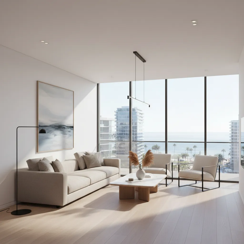 Modern living room with beige sofa marble coffee table chairs large windows and ocean view