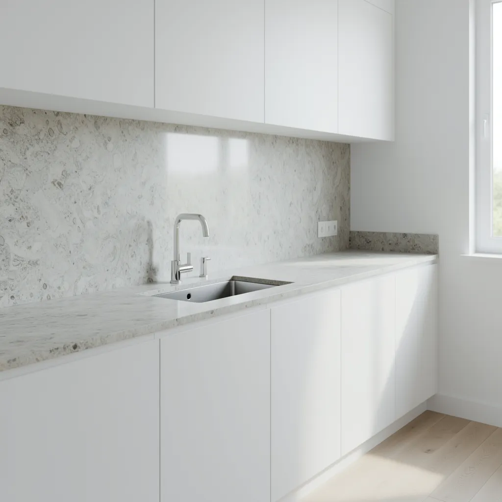 Kitchen sink area with waterproof backsplash and quartz countertop