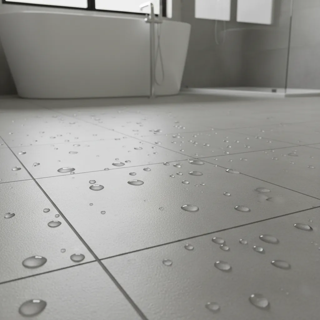 close view of waterproof bathroom flooring with water droplets on tile surface