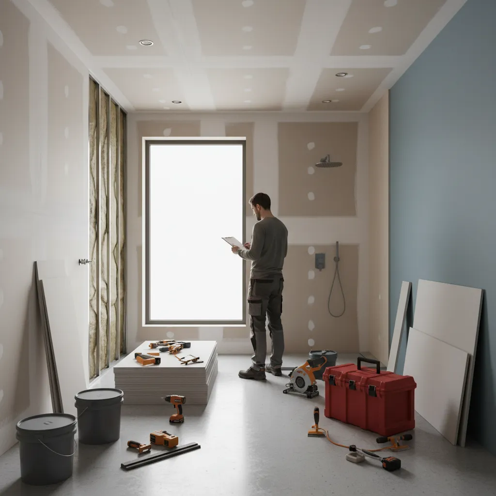 contractor reviewing drywall installation checklist in a finished bathroom interior