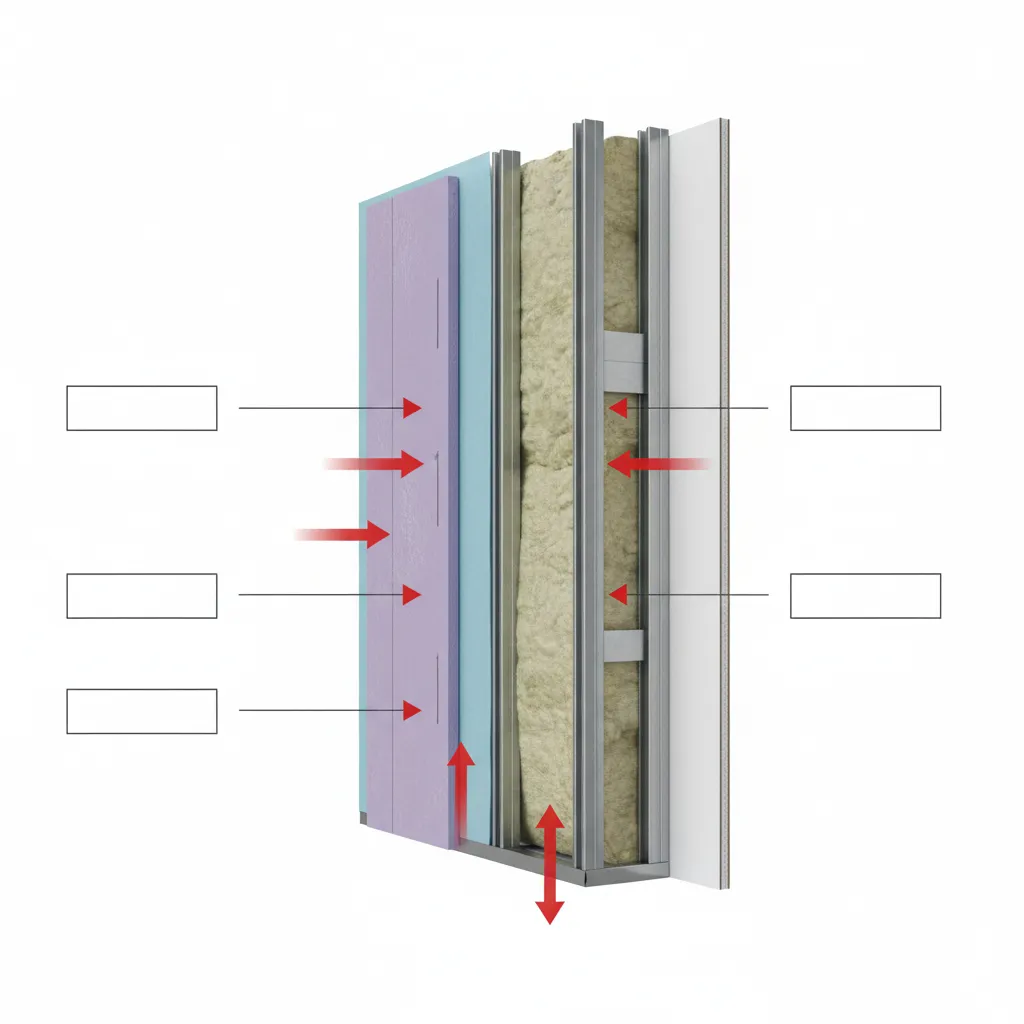 Wall system showing waterproof gypsum board installation and moisture pathways