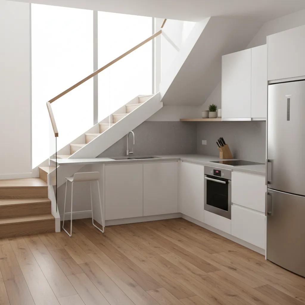 luxury vinyl plank flooring in compact under stairs kitchen space