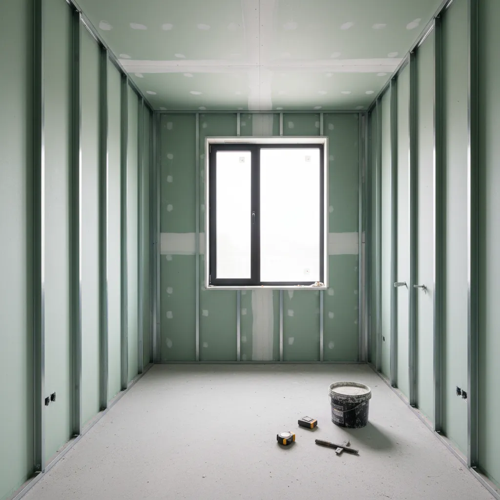 Waterproof gypsum board installed on bathroom wall framing before tile installation