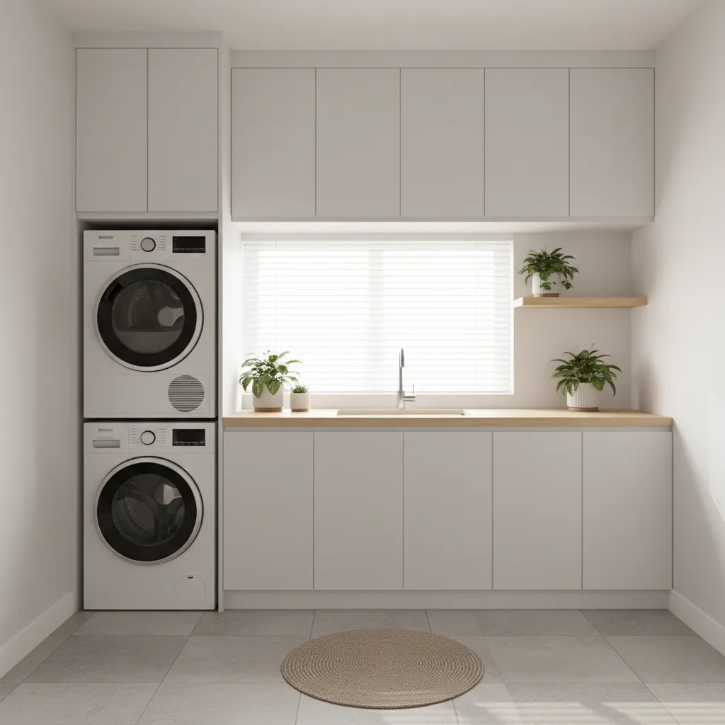 Laundry room with waterproof tile flooring and modern washer dryer setup