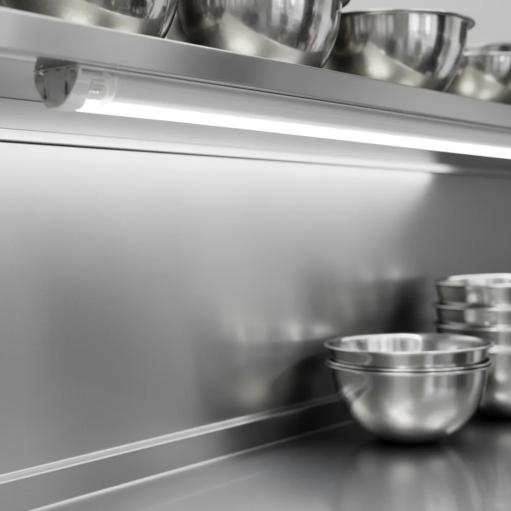 Waterproof LED strip lighting installed in stainless commercial kitchen