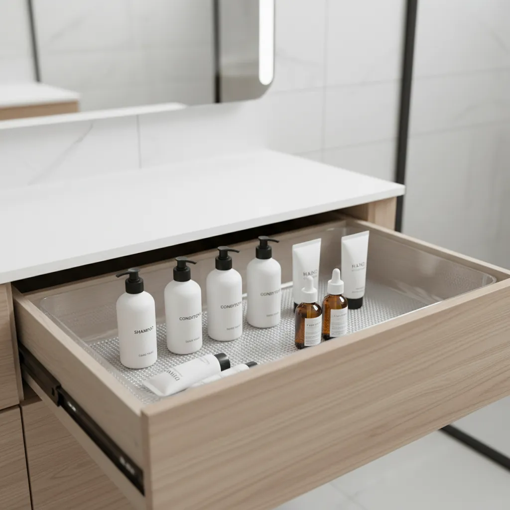 Bathroom drawer storing toiletries with waterproof liner surface