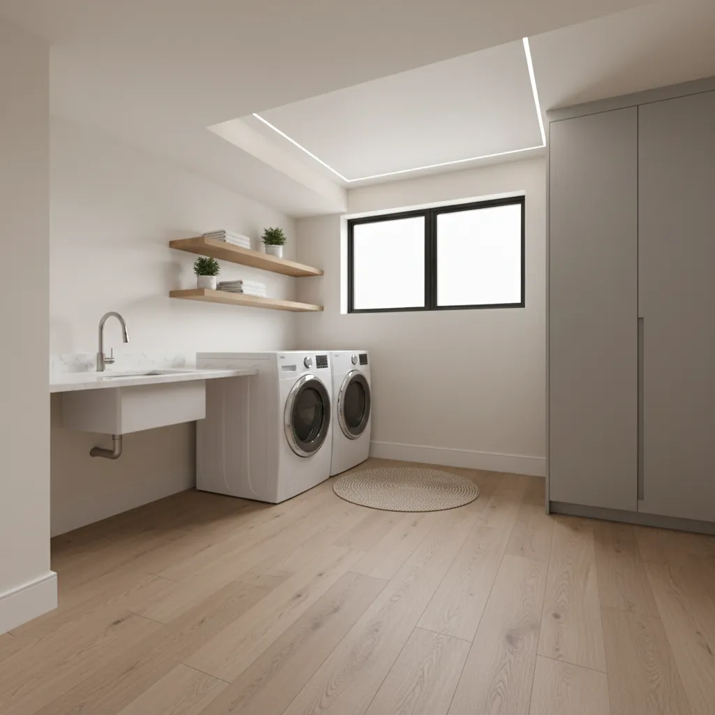 Luxury vinyl plank waterproof flooring installed in basement laundry room