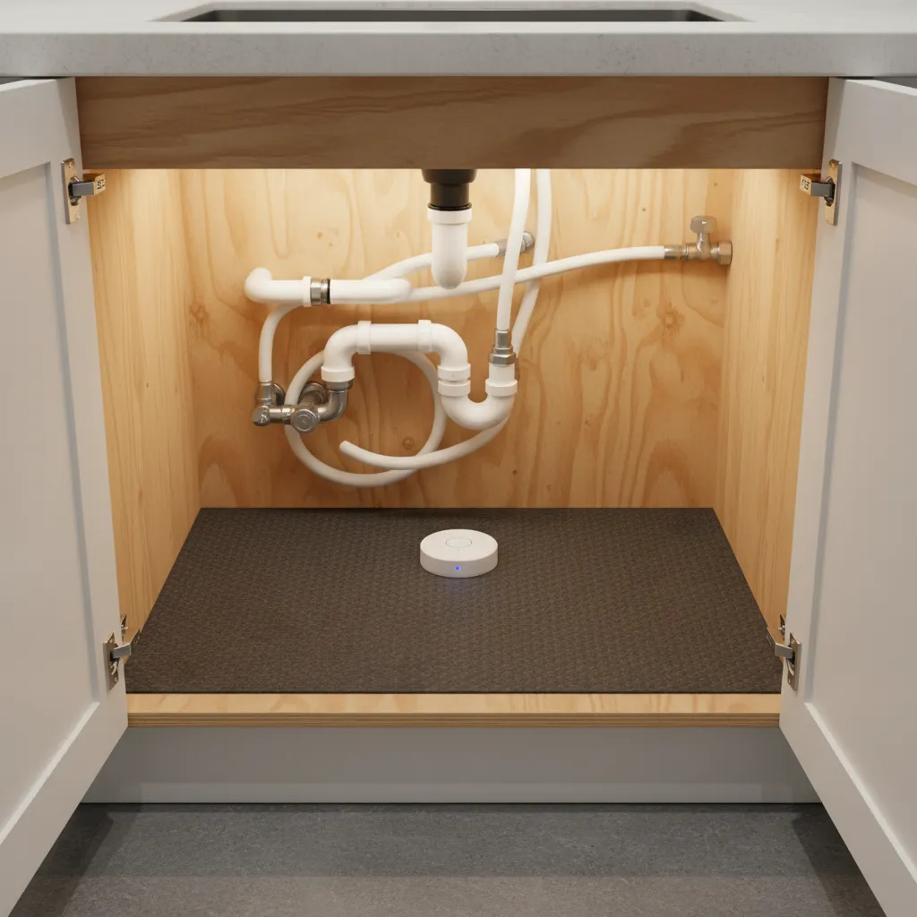 Kitchen sink cabinet with waterproof liner and leak detector installed