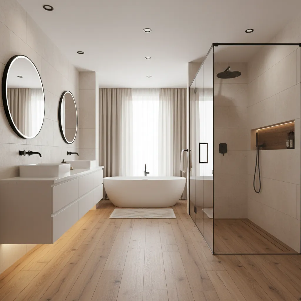Luxury vinyl plank waterproof floating flooring in contemporary bathroom