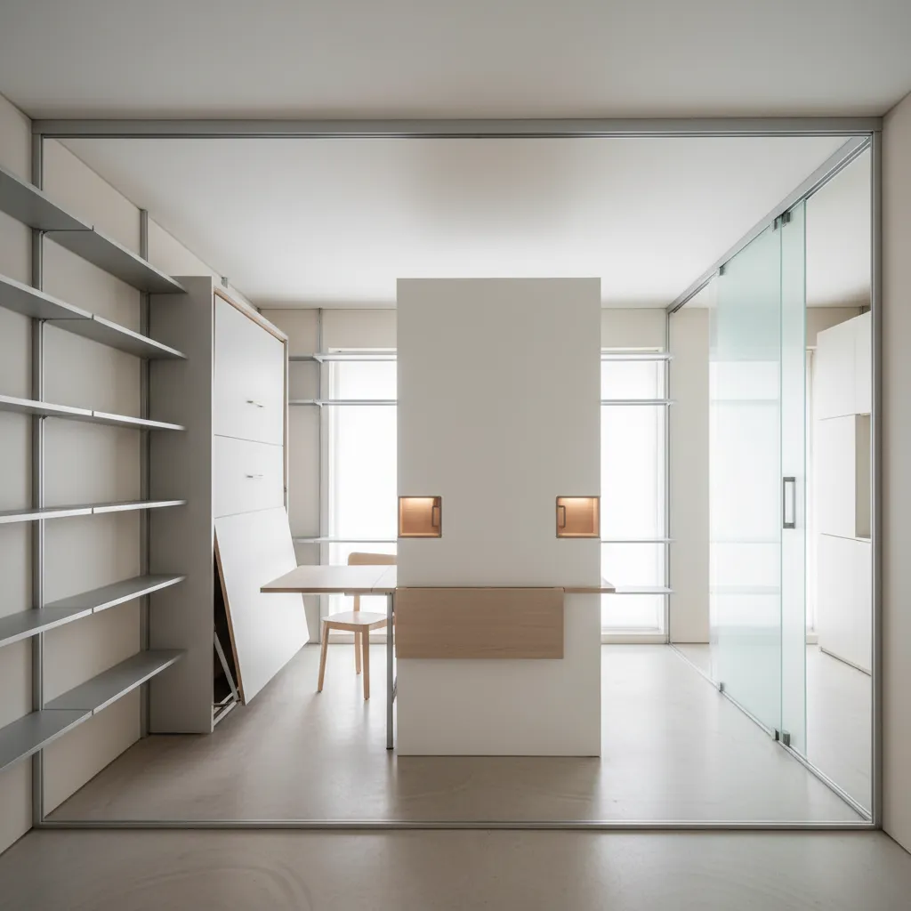 Modern bright studio apartment featuring white folding furniture glass sliding doors and minimal open shelving units