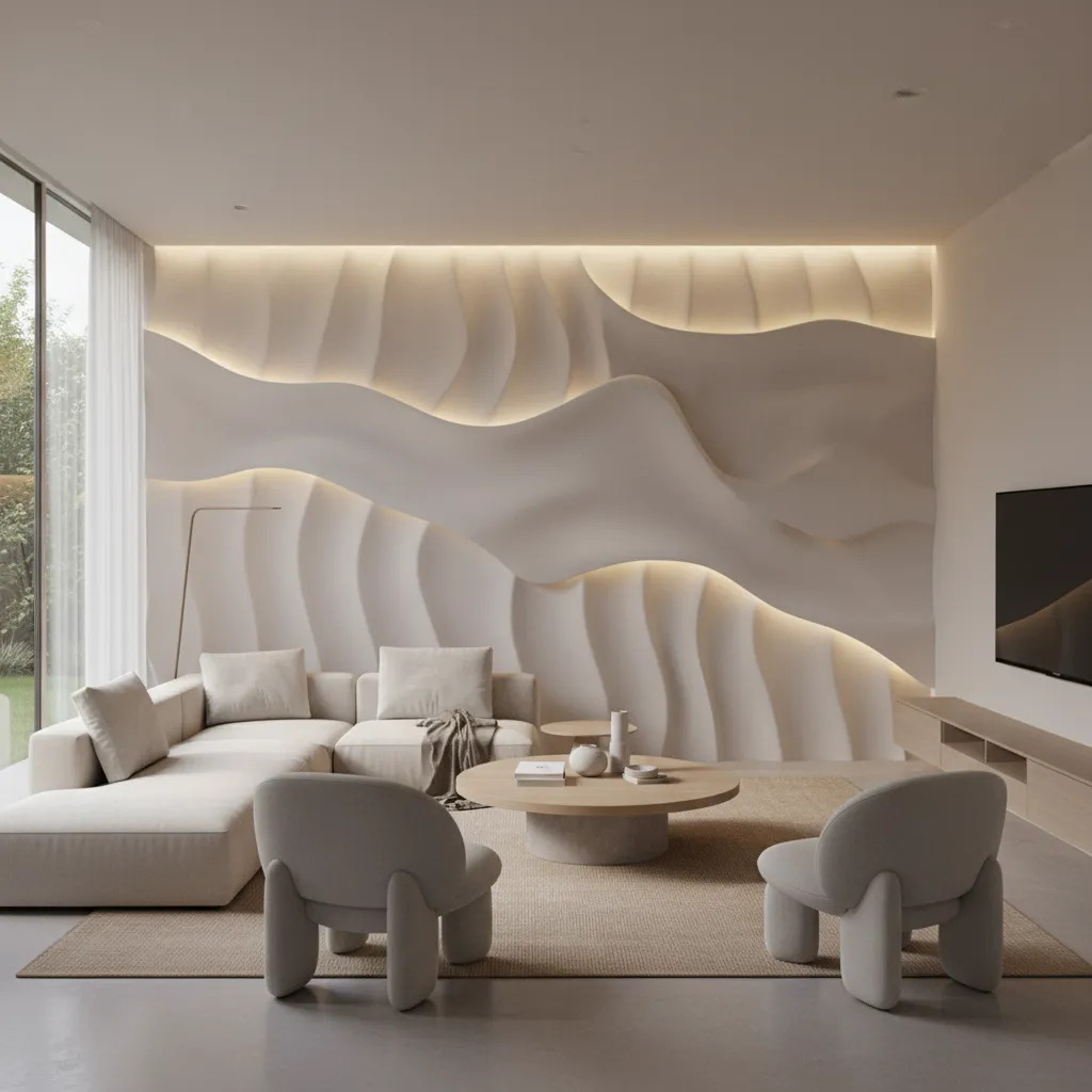Wave pattern 3D textured wall with directional lighting in living room