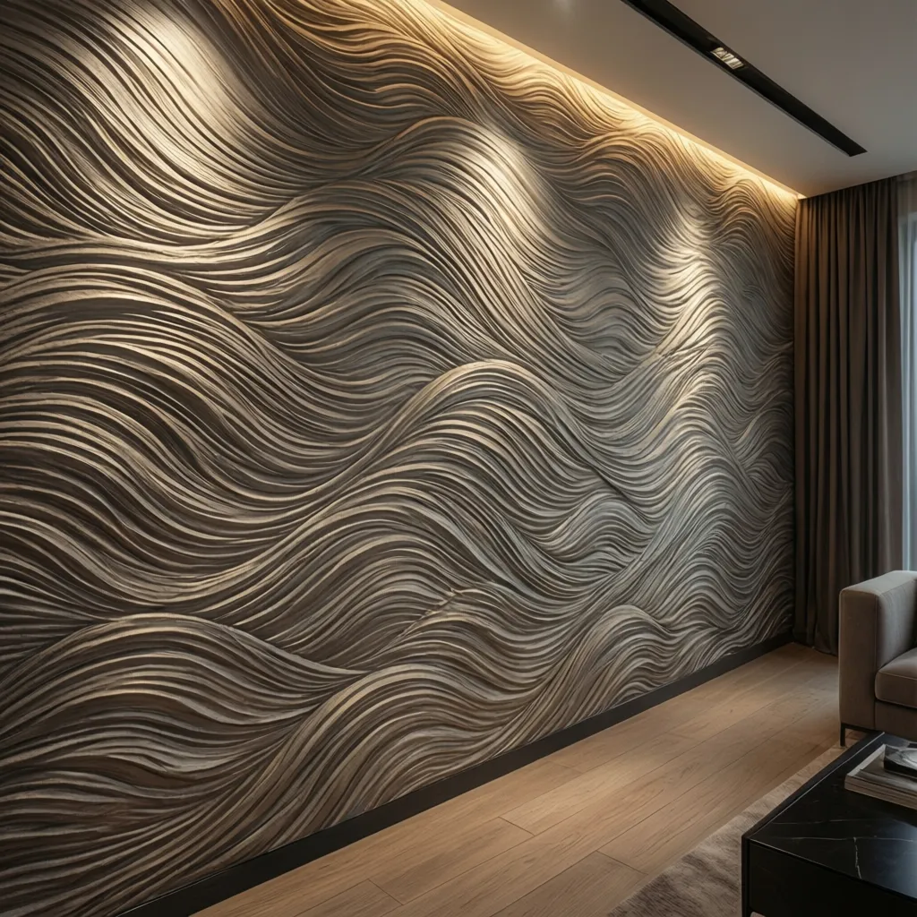 Wave textured 3D wallpaper illuminated with soft wall lighting