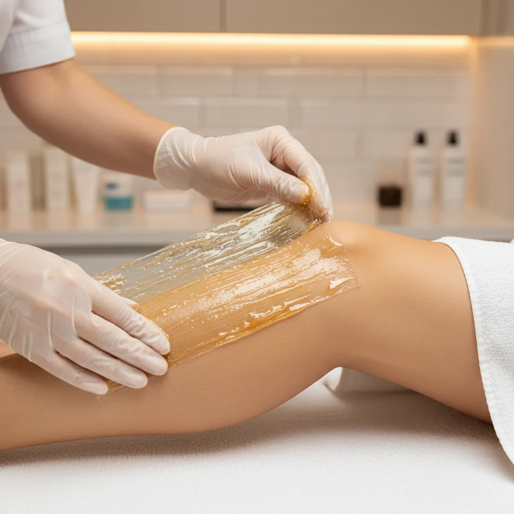close-up waxing strip being removed from skin during hair removal treatment