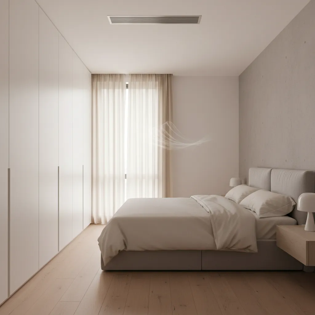 Bedroom ceiling air vent with minimal airflow and curtain movement