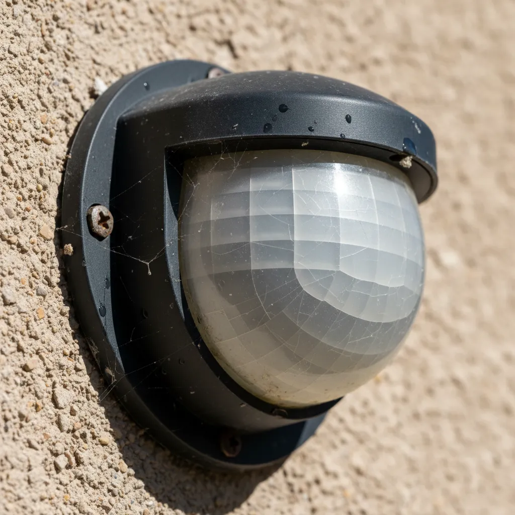 Close up of aging outdoor motion sensor lens showing weather wear