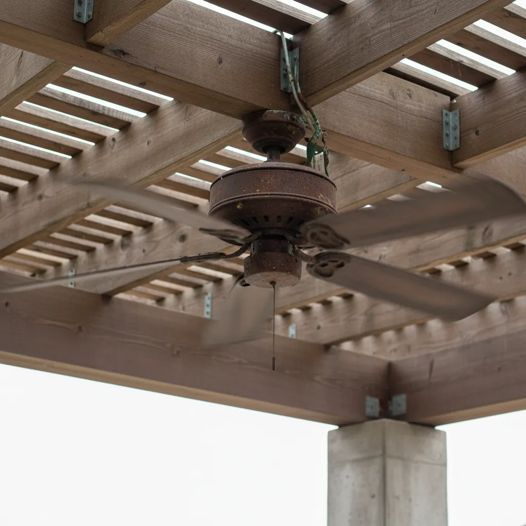 rusted outdoor ceiling fan showing moisture damage on patio