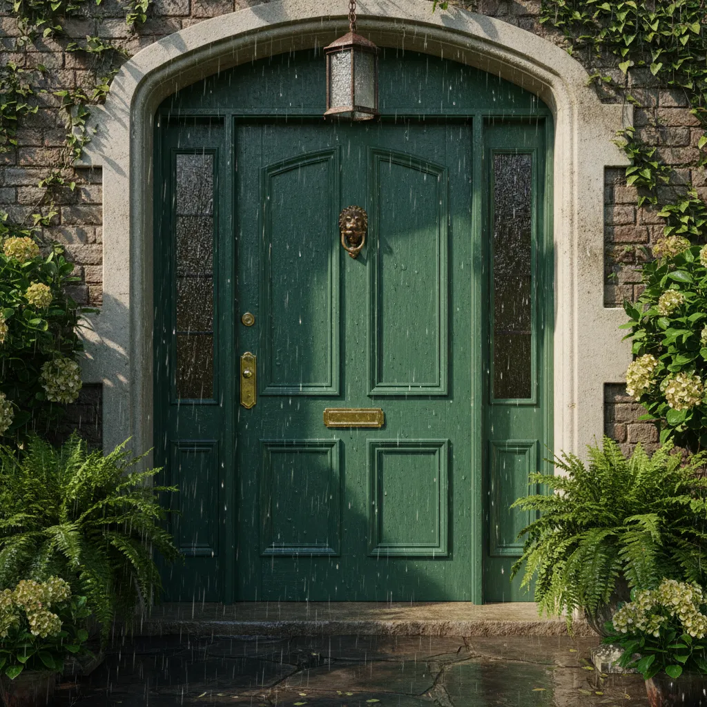Exterior front door exposed to sunlight and rain illustrating weather durability of paint