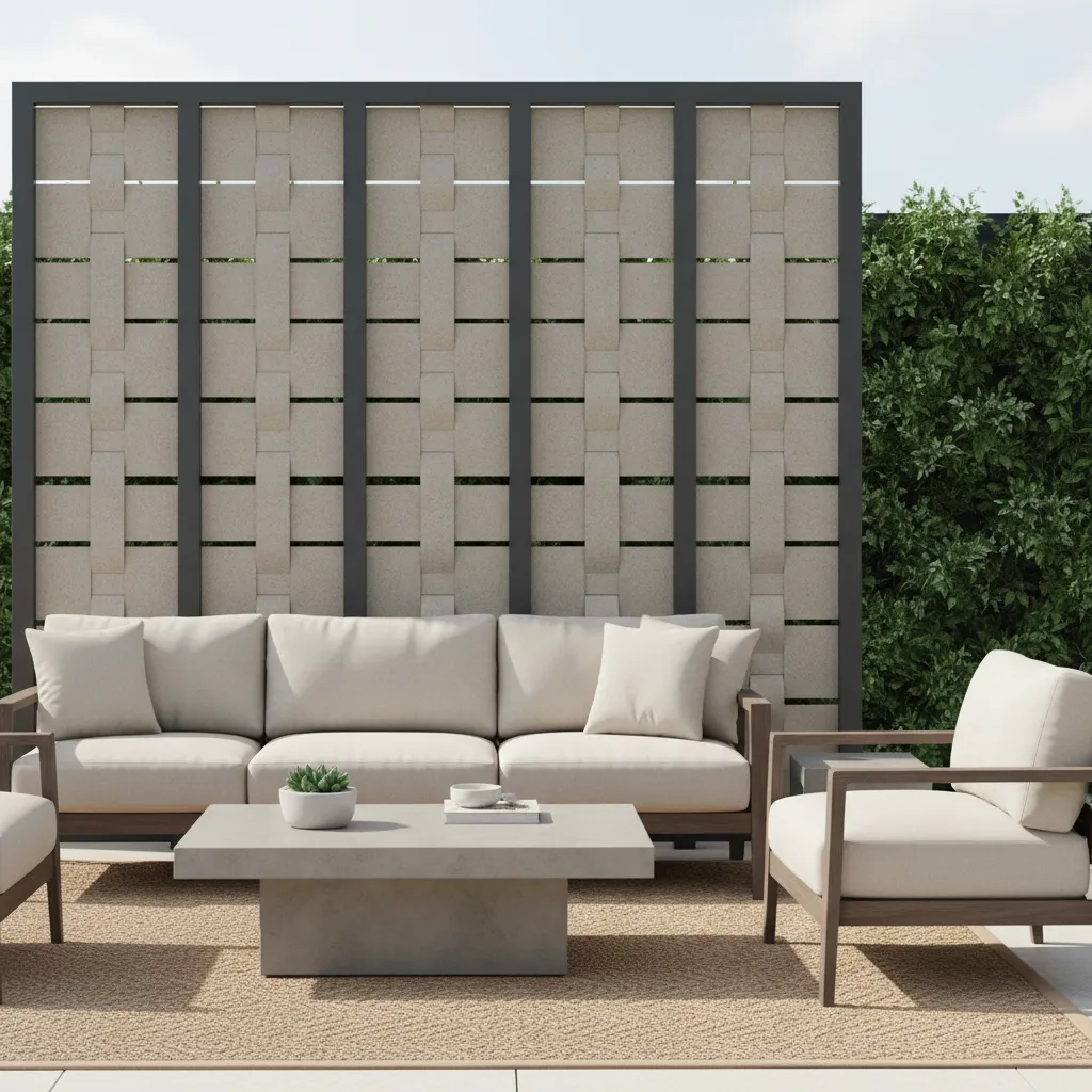 Outdoor patio divider made from powder coated metal and composite panels