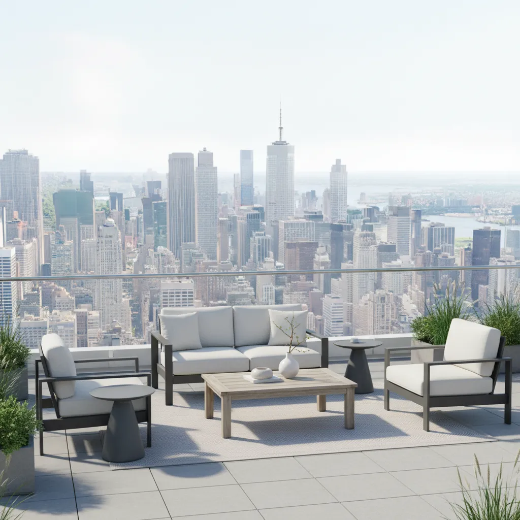 Outdoor terrace furniture with aluminum frames and weather resistant cushions