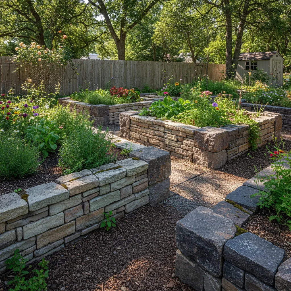 Weathered faux stone raised bed compared with aged natural stone bed
