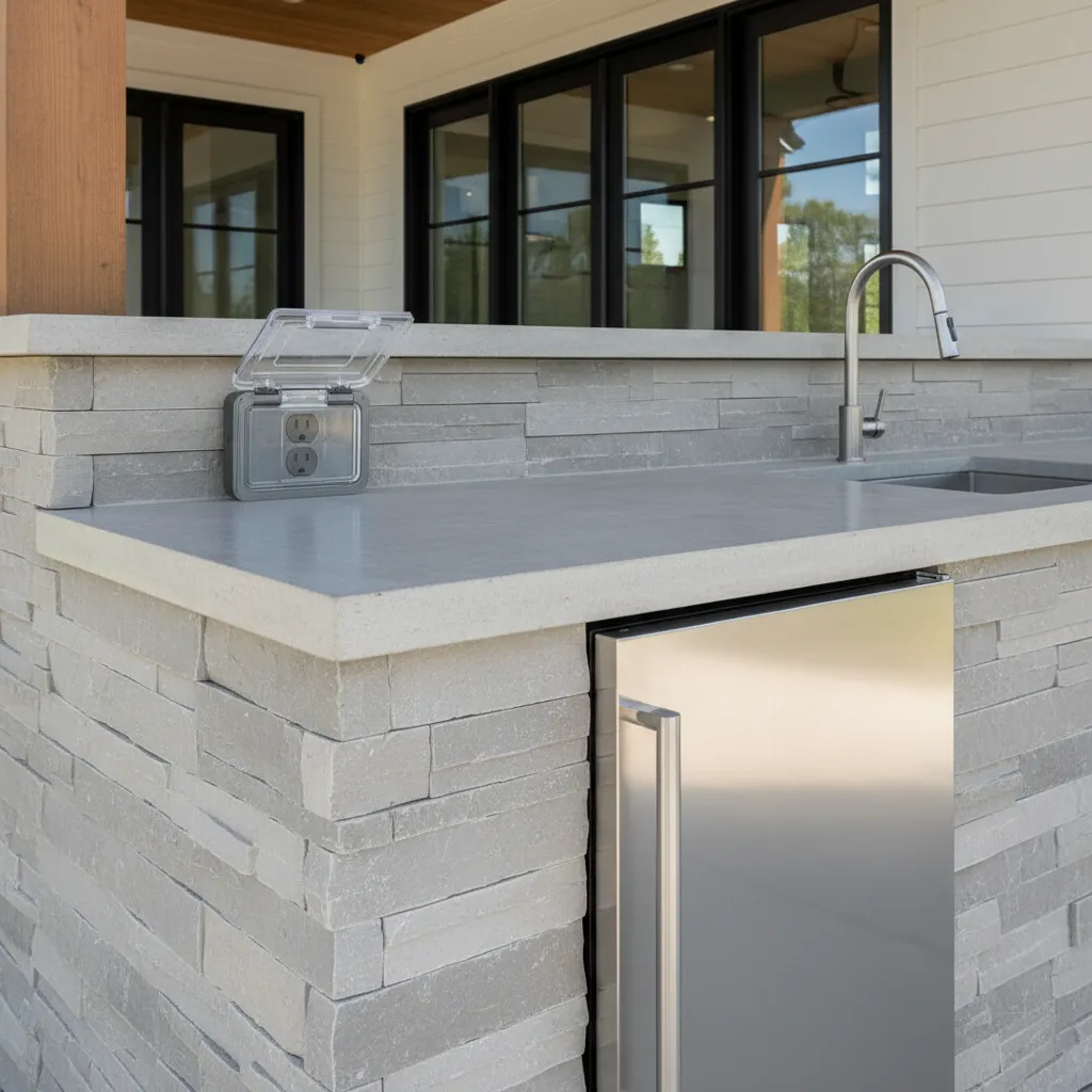 Weatherproof electrical outlet installed on outdoor kitchen wall