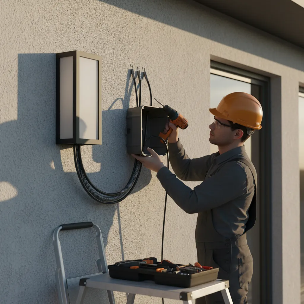 Professional installing sealed outdoor light fixture with waterproof wiring