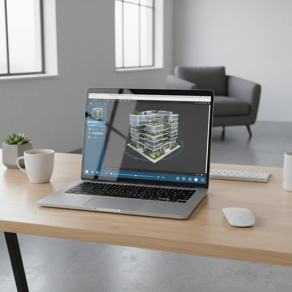 Laptop displaying an interactive 3D model viewer in a web browser