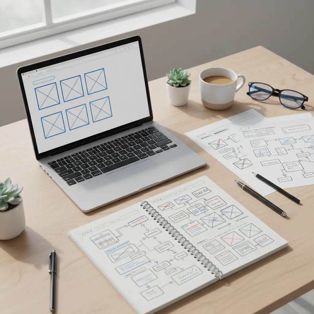Esquema wireframe de una página web mostrando jerarquía visual y bloques de contenido