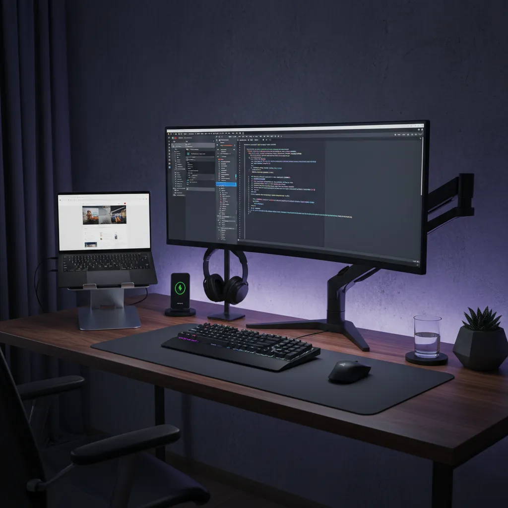 Espacio de trabajo con ordenador mostrando desarrollo de una página web