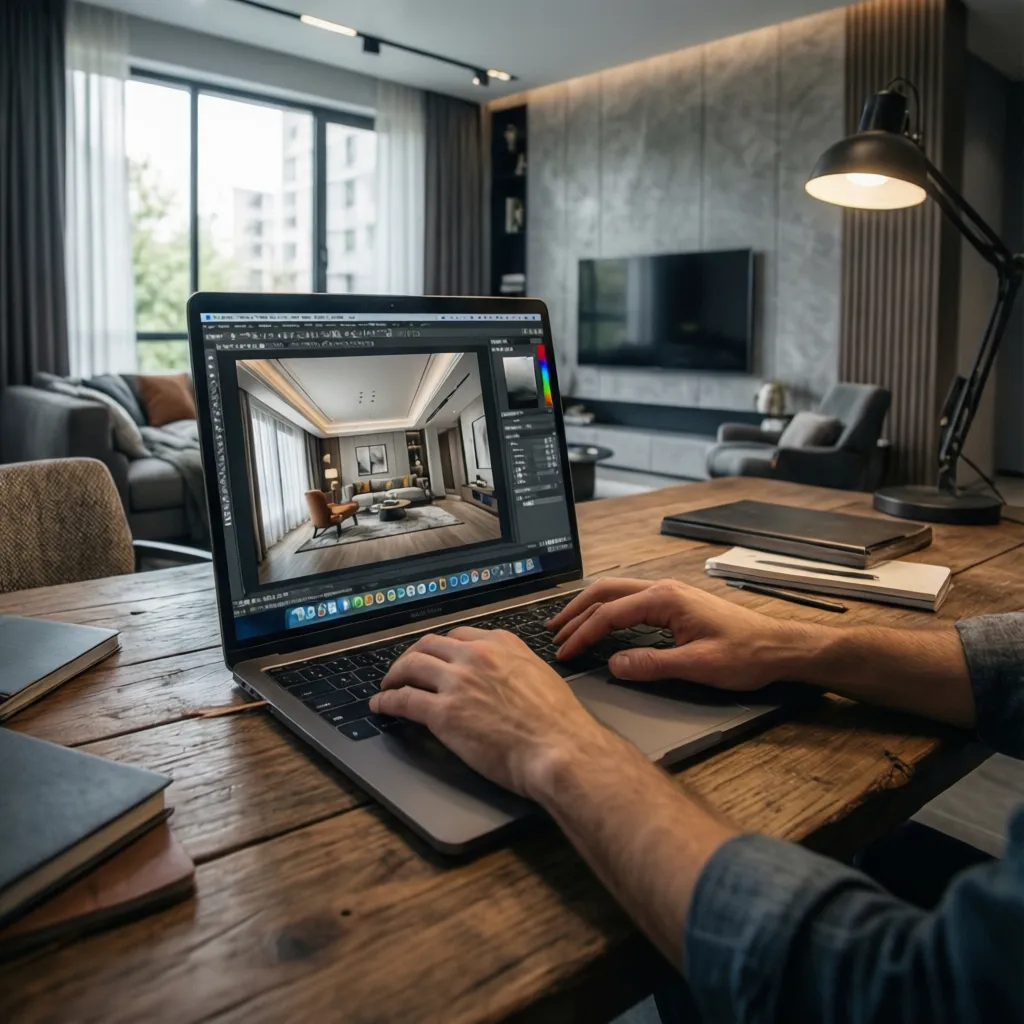 Person using a laptop to create an interior design drawing of a modern living room layout