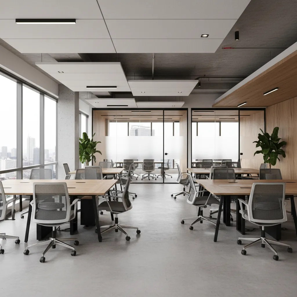Modern open office interior design with wooden desks grey chairs glass wall dividers and windows