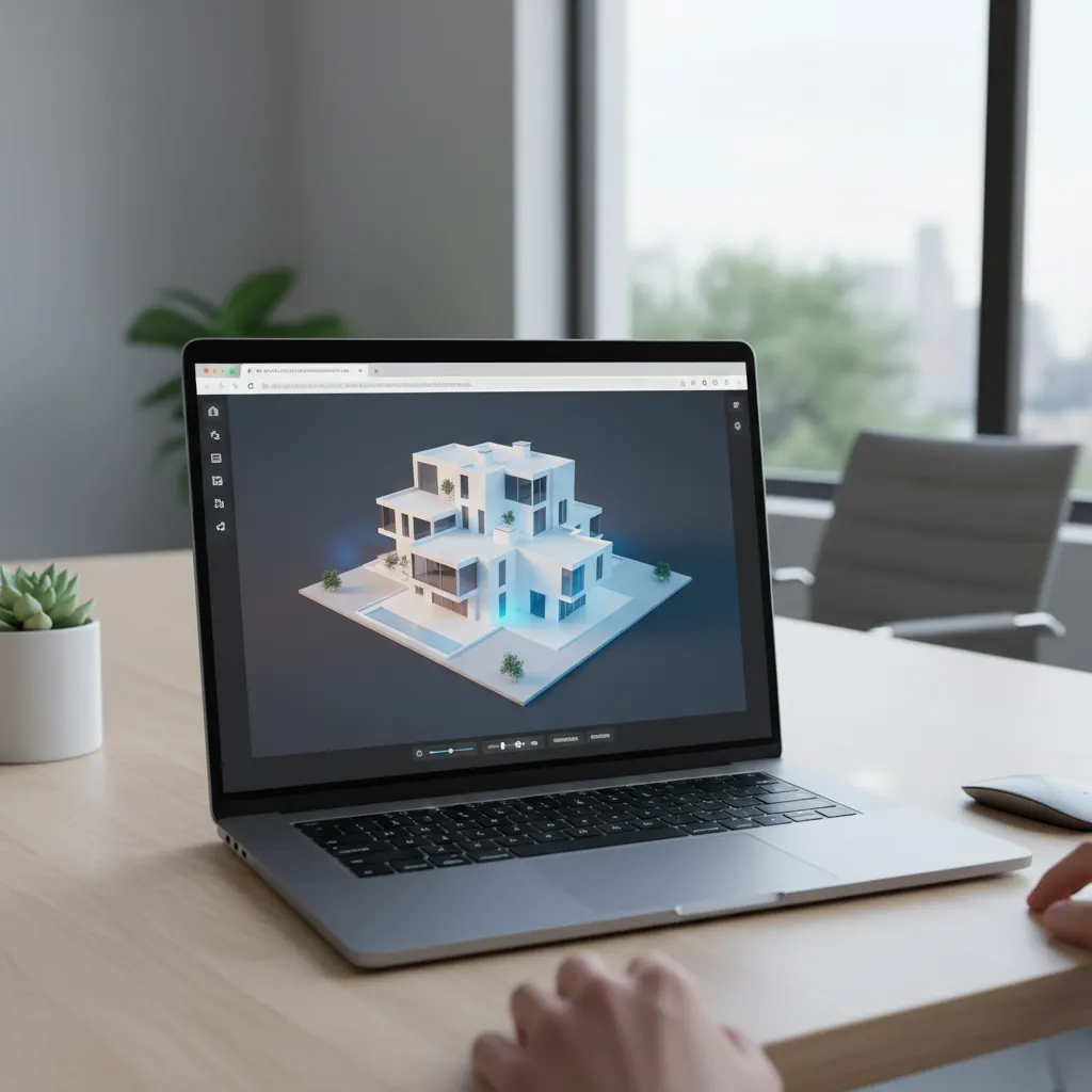 Laptop displaying a browser based WebGL 3D scene with interactive camera controls
