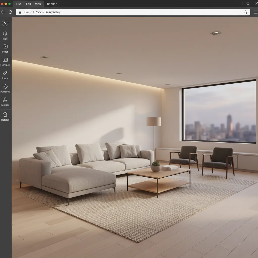3D room designer interface showing rendered living room layout
