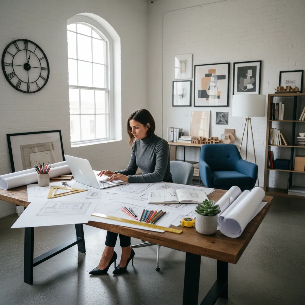 Interior designer working on laptop at wooden desk with floor plans in a bright studio