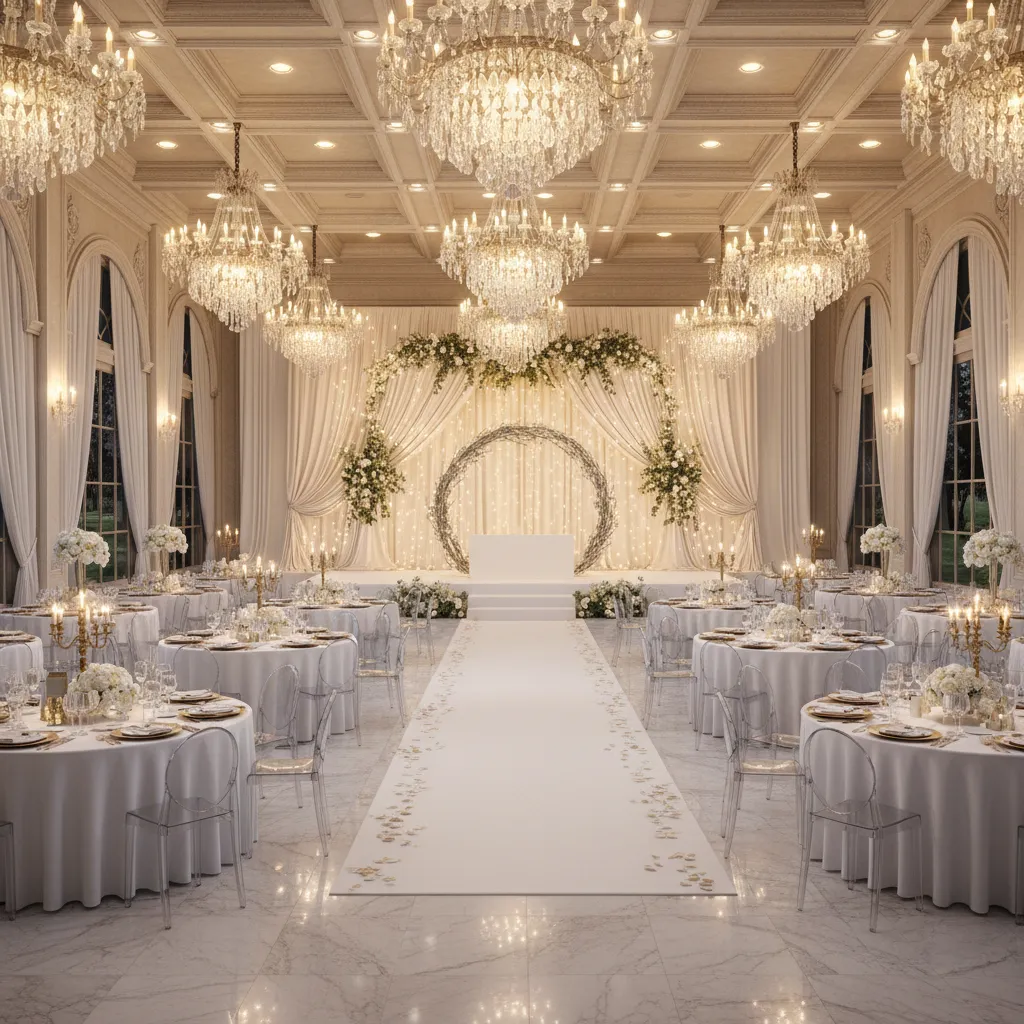 Luxury wedding hall with crystal ceiling lights white tables clear chairs and floral stage arch