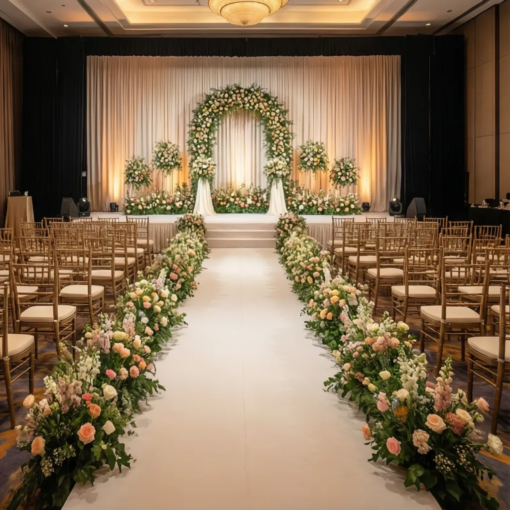 Indoor wedding ceremony layout with white aisle runner, flower borders, gold chairs, and floral arch