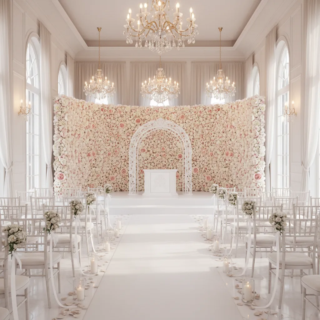 Wedding ceremony setup with artificial flower wall backdrop and aisle
