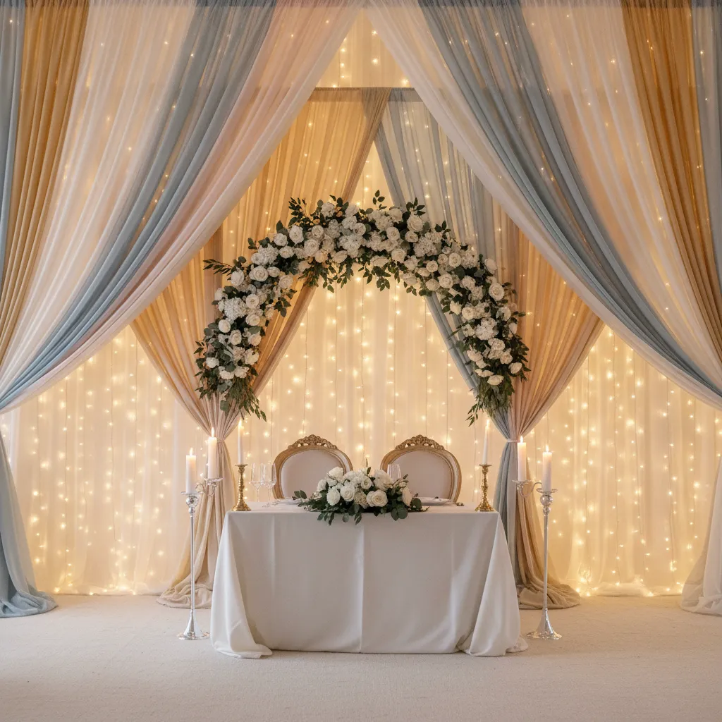 wedding stage backdrop with soft chiffon fabric and warm lighting
