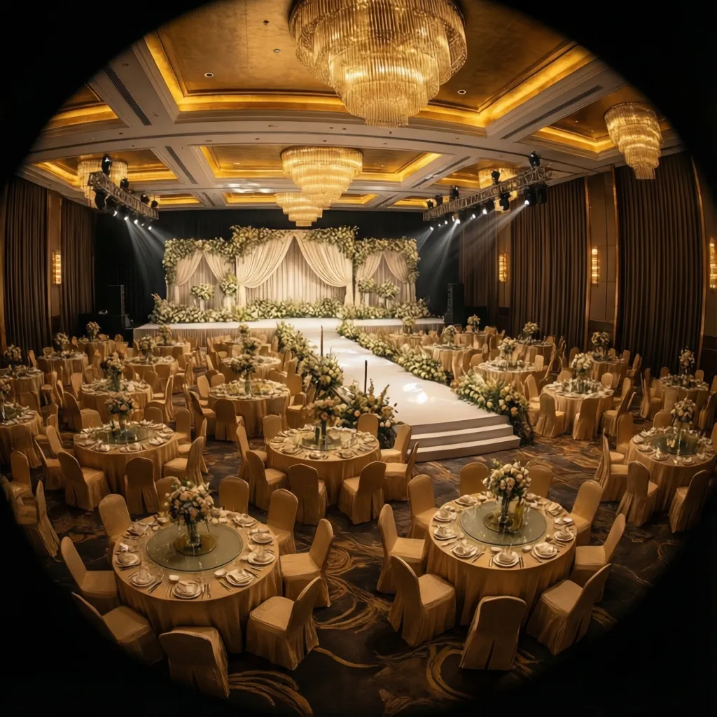 Elegant wedding banquet hall with stage and decorated seating