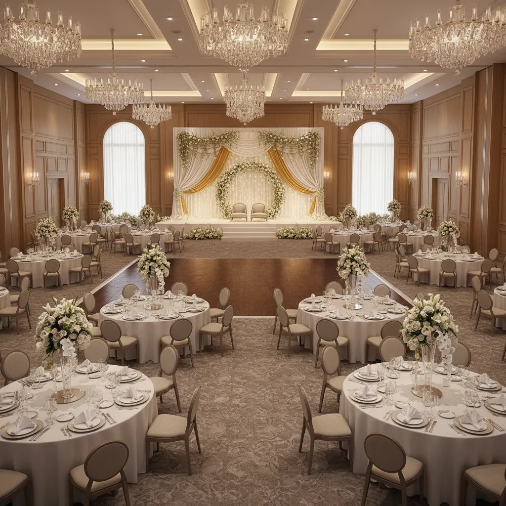 wedding banquet hall layout with round tables dance floor and stage
