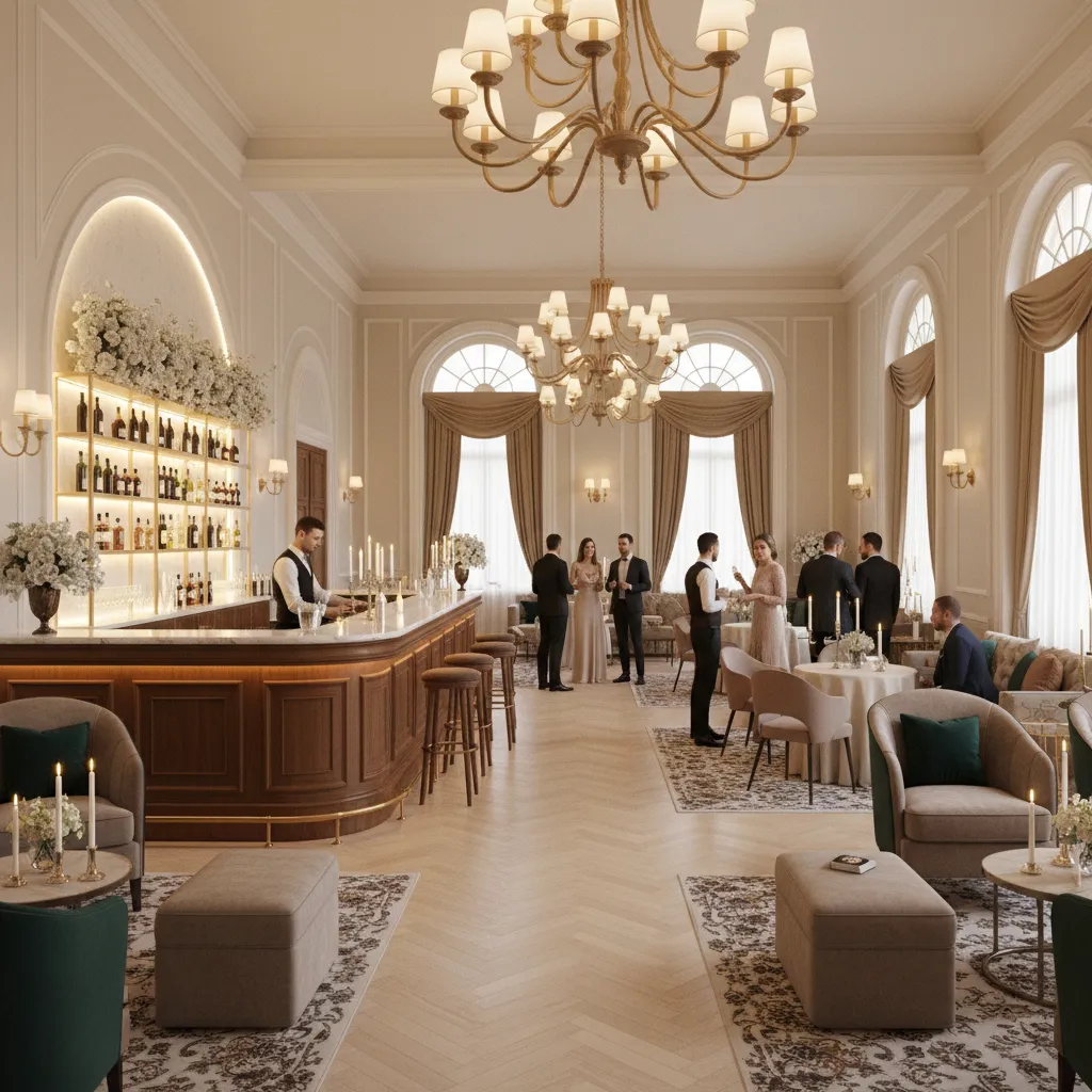 wedding reception bar area with open circulation space