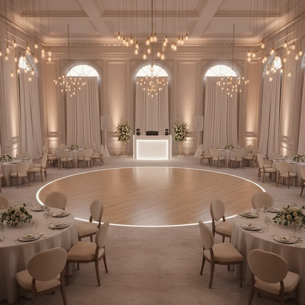 Wedding reception dance floor with surrounding guest circulation space